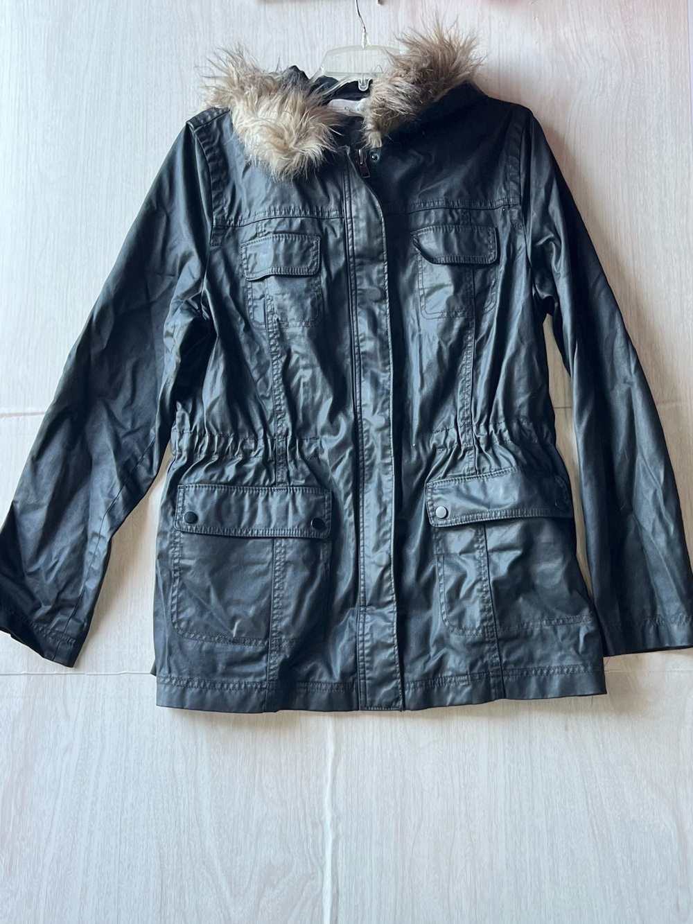 Caslon Black Faux Leather Utility Jacket with Faux Fur Hood Trim